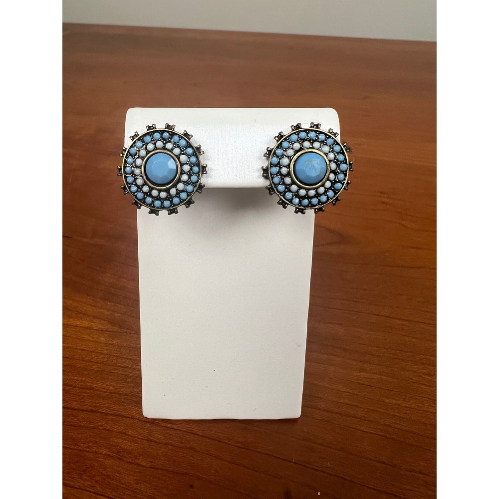 Blue Beaded Round Stud Earrings Antique Gold Tone Boho Statement Post Backs